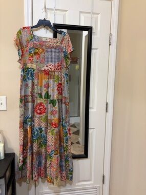 NATURAL LIFE Multi-Print Floral Patchwork Maxi Dress in Red, Blue, Green, Cream